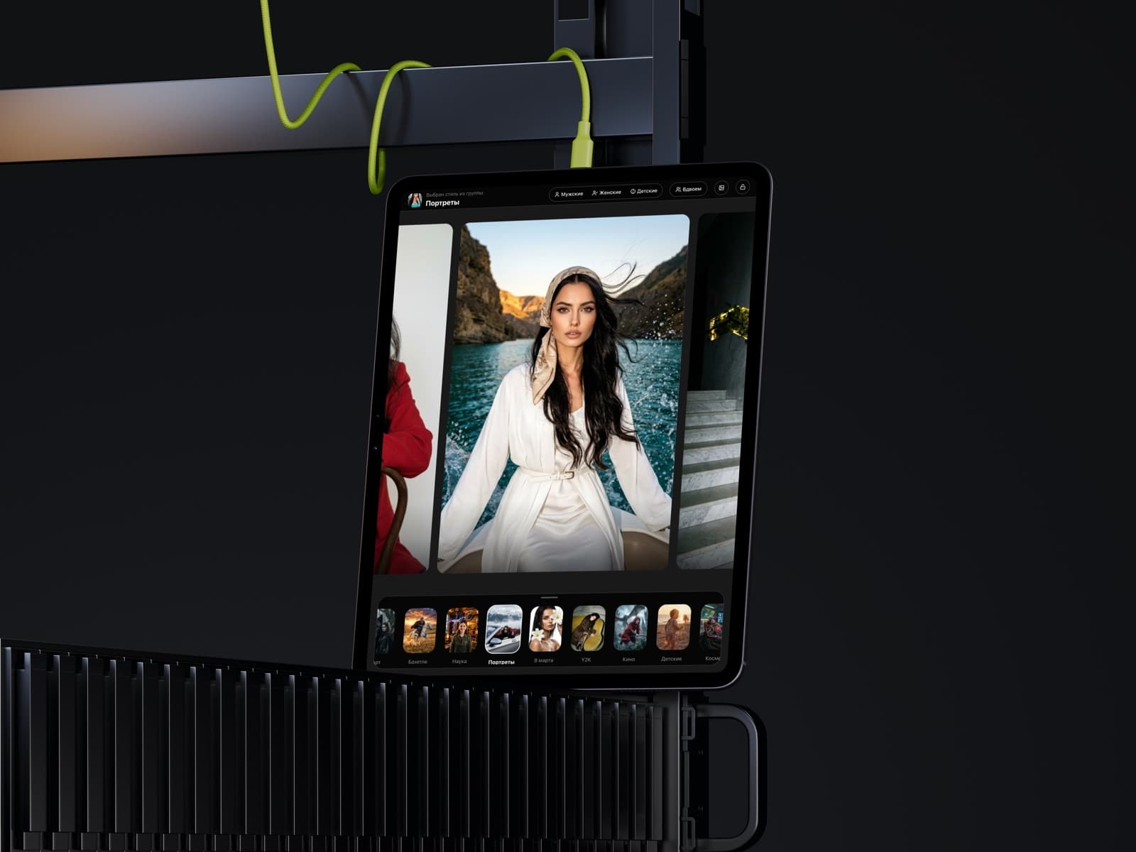 Приложение Нейробудки на iPad, закреплённом на стойке фотобудки