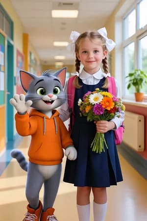 Школьные питомцы: Школьный коридор и котёнок — ИИ-портрет для фотобудки