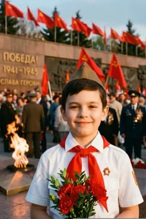 9 мая: Пионер у Вечного огня — ИИ-портрет для фотобудки