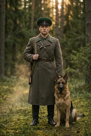 23 февраля: Советский пограничник с собакой — ИИ-портрет для фотобудки