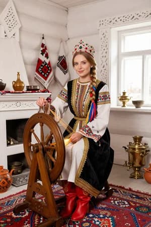 Русские сказки: Марья-искусница за прялкой — в полный рост — ИИ-портрет для фотобудки
