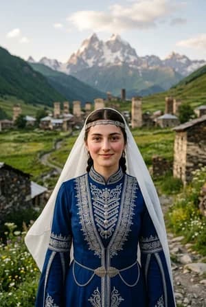 Грузинские: Сванка у башен — ИИ-портрет для фотобудки