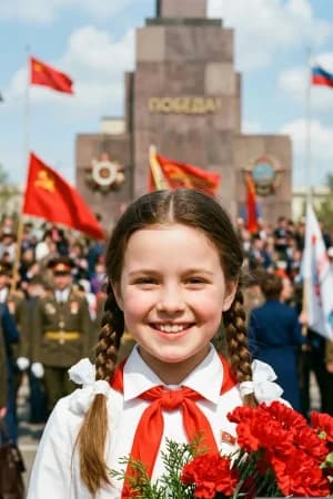9 мая: Пионерка с гвоздиками — ИИ-портрет для фотобудки