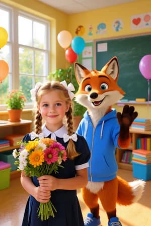 Школьные питомцы: Класс с шарами и лисёнок — ИИ-портрет для фотобудки