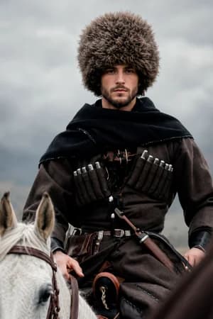 Кавказ и казаки: Кавказский мужчина — темный костюм — ИИ-портрет для фотобудки